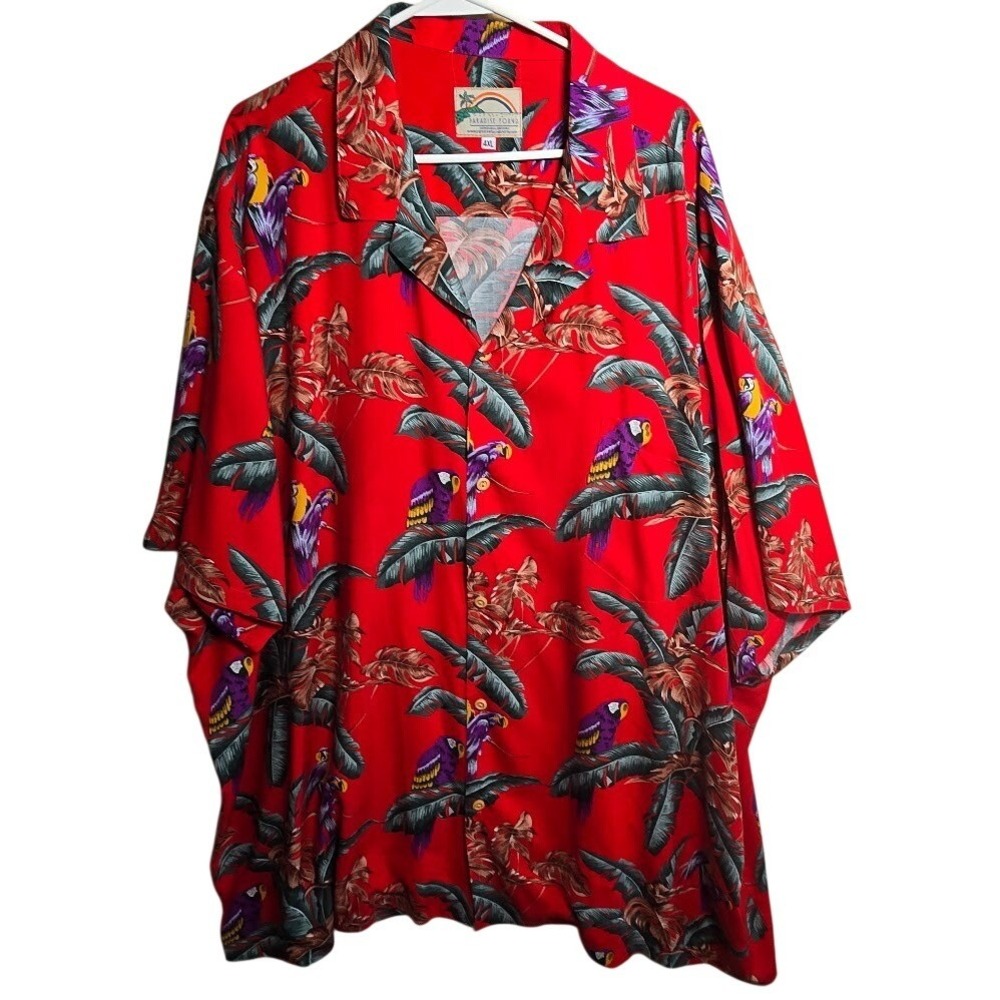 Paradise Found Hawaiian Shirt Mens 4XL Red Parrot Tropical Rayon Made in Hawaii